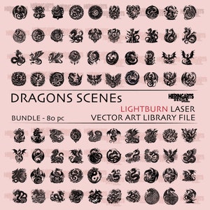 May include: A set of 80 black and white dragon designs in a circle. The designs are intricate and detailed, and they feature a variety of dragon poses and styles. The designs are perfect for use in laser cutting, engraving, and other crafts.
