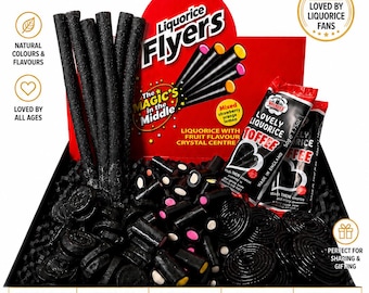Liquorice gift box, sweet box, hamper. Giant flyers, wands, pontefract cakes, creme rock, toffee, coloured liquorice, pic n mix, retro