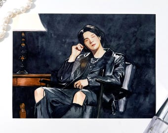 May include: A watercolour painting of a person wearing a black leather jacket and a black dress with a pearl necklace. The person is sitting in a chair with their eyes closed. The background is dark.