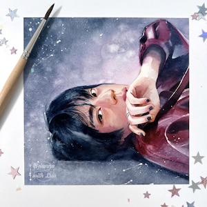 May include: Watercolor painting of a person with black hair and a burgundy jacket, gazing at the viewer. The artwork features a starry background and the text "Brianna with Luv". A paintbrush is in the upper left corner.