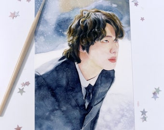 May include: A watercolour painting of a person with dark hair wearing a dark suit jacket and a white shirt with a dark tie. The background is a light blue and white watercolour wash.