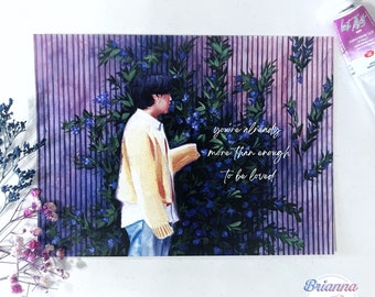 May include: A watercolor painting of a person standing in front of a purple and white striped wall with blue flowers. The text "you're already more than enough to be loved" is written in white on the painting.