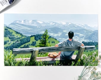 May include: A landscape painting showing a person seated on a wooden bench, overlooking a mountain range. The artwork features green hills, snow-covered peaks, and a blue sky. A tube of indigo paint is visible in the upper left corner. The painting is signed "Brianna with Luv".