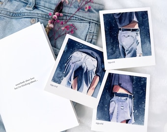 May include: Three watercolour illustrations of people wearing denim jeans with heart-shaped patches. The text "somebody does love but I'm thinking about..." is on a white card.