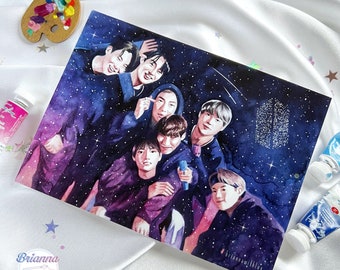 May include: A watercolour painting of seven men in a galaxy setting. The men are wearing casual clothing and are posed in a group. The background is a dark blue with white stars and a galaxy swirl. The painting is signed "briannawithluv" in the bottom right corner.