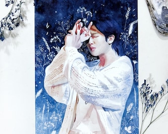 May include: A watercolour painting of a person wearing a white sweater with a delicate floral pattern. The person is standing in a field of flowers and the background is a dark blue sky with stars.