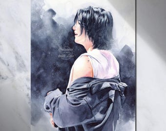 May include: Watercolour print depicting a person with dark hair, wearing a white top and a dark jacket. The artwork has a soft, dreamy quality with a dark, textured background. The text "Brianna with Luv" is visible.