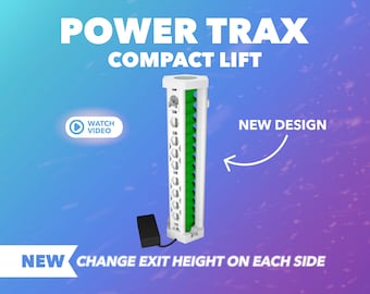 May include: A white and green Power Trax Compact Lift with the text "NEW DESIGN" and "NEW CHANGE EXIT HEIGHT ON EACH SIDE". The product has a black power supply and a "WATCH VIDEO" button.