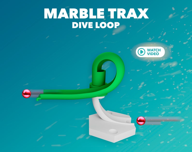 Puede incluir: Una pista de m&aacute;rmol verde con una base blanca y una canica roja rodando a trav&eacute;s de ella. La pista tiene forma de bucle y el texto "MARBLE TRAX DIVE LOOP" est&aacute; en la parte superior de la imagen.