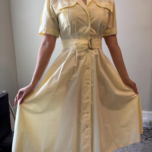 Vintage 80’s Butter Yellow Utility Dress Button Down Collared Maxi Shirt Dress - Size 4/6 Small