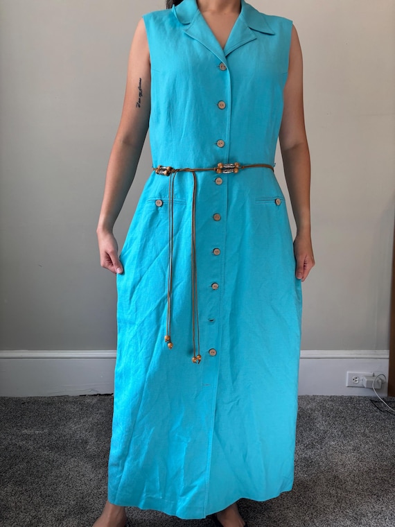 Y2K DEADSTOCK Fairy Boho Aqua Linen Cottagecore Pencil Dress Button Down  Sleeveless Collar Utility Dress Wooden Buttons & Belt -medium Large - Etsy