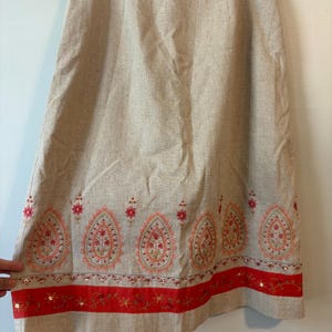 Vintage Boho Tan Beige Linen Embroidered Maxi Skirt - Size Medium