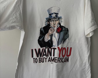 Vintage 90s Anvil Uncle Sam "I Want You To Buy American" Patriotic Cotton Retro Preppy T-Shirt - Size XL