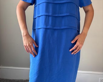 Vintage Eclectic Blau Electric Silk Indie Kurzarm Preppy Whimsical Date Day Midikleid - Größe Large