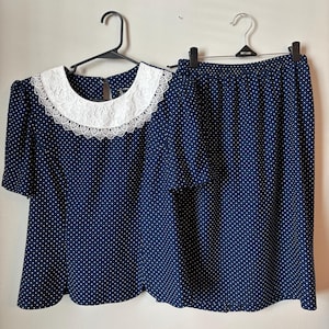 Vintage Cottagecore Navy Blue Polka Dot Prairie Set Embroidered Round neck - Midi Skirt and Short Sleeve Top - Size Medium