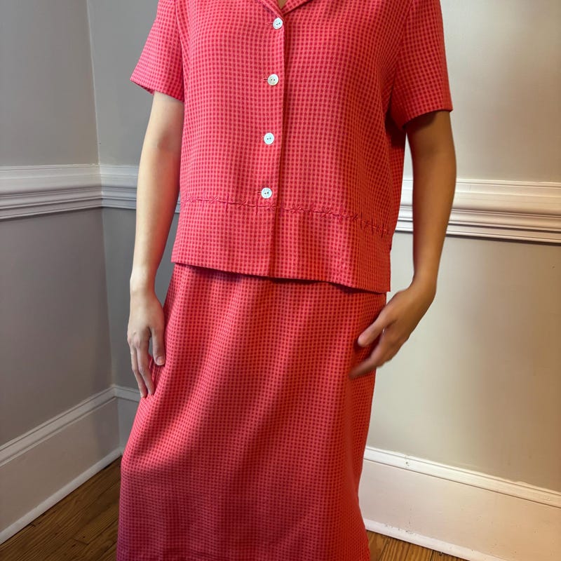Denim two-tone belted top skirt set