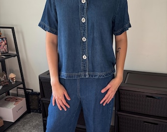 80s Vintage Preppy Blue Denim Relaxed Fit Boho Streetwear Set - Short Sleeve Top & Wide Leg Trousers - Size Medium