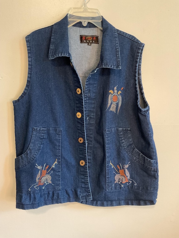 Vintage Embroidered Denim Vest - Size XL - Etsy