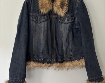 Veste en jean matelassée style bohème Y2K Streetwear, fausse fourrure, fermeture éclair - Taille L
