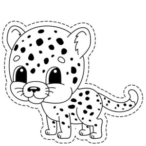 Può includere: Illustrazione a fumetti in bianco e nero di un cucciolo di ghepardo con macchie nere. Il ghepardo ha grandi occhi, un naso piccolo e una coda ricurva. L'immagine è delineata con un bordo tratteggiato.