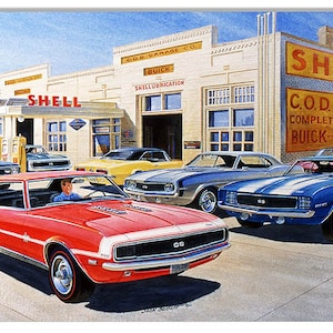 Vintage Style Nostalgic &quot; COD Garage - First Generation Camaro at Shell Gas Station &quot; Metal Sign for your Garage or Man Cave