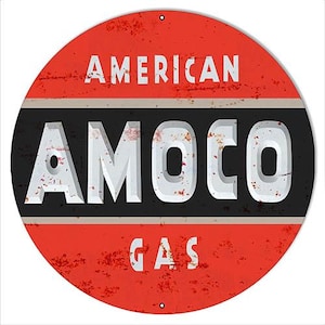 Vintage Style Nostalgic &quot; American Amoco Gas &quot;  Motor Oil Advertising Metal Sign