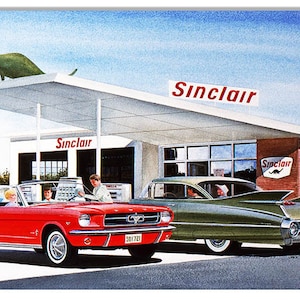 Vintage Style Nostalgic &quot; Sinclair Gas Station with Mustang and Cadillac Classic Cars &quot; Metal Sign for your Garage or Man Cave