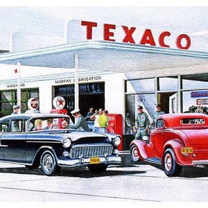 Vintage Style Nostalgic " Texaco Gas Station with '55 Chevy and Ford Hot Rod " Metal Sign for your Garage or Man Cave