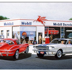 May include: A vintage illustration of a Mobil gas station with a red winged horse logo. A red Corvette and a white Ford Mustang are parked in front of the station. The text "Mobil", "Mobil Service", and "Mobil Oil" is visible on the building.
