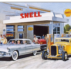 Vintage Style Nostalgic &quot; Classic Ford Thunderbird and Hot Rod at Shell Gas Station &quot; Metal Sign for your Garage or Man Cave