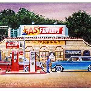 May include: A vintage gas station sign with the text "Gas for Less" in red and yellow letters. The sign is above a brick building with a Coca-Cola sign and the text "J.R. Wesley Owner". There are two cars being filled with gas at the pumps.