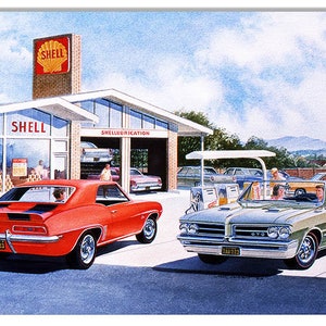 May include: A vintage illustration of a Shell gas station with two classic cars, a red Chevrolet Camaro and a green Pontiac GTO, parked in front. The Shell sign is visible above the station.
