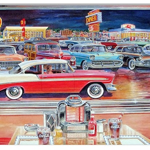 Vintage Style Nostalgic " Fifties Classic Cars at Diner " Metal Sign for your Garage or Man Cave