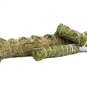 May include: Three bundles of dried cedar smudge sticks tied with twine. The sticks are green and brown and are arranged in a pile on a white background.