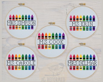 Five custom teacher name crayon cross stitch patterns - PLEASE READ DESCRIPTION