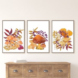 Mushroom Group of 3, Mushroom Digital Download, Mushroom Wall Art Printable, Mushroom Print Poster, Living Room Office Nursery Print