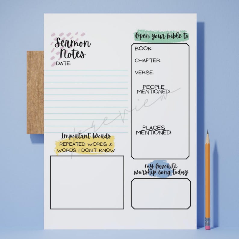 May include: Printable sermon notes page with sections for date, book, chapter, verse, people mentioned, places mentioned, important words, repeated words, words I don't know, and my favorite worship song today.