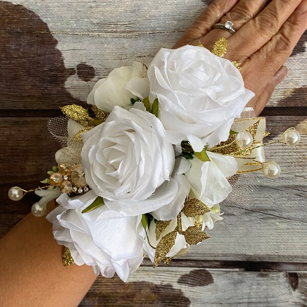 White and gold wrist corsage and boutonnière / mother of the bride/ prom / bridesmaids gift