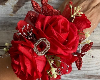 Red ribbon and red roses wrist corsage and boutonnière set / mother of the bride/ prom / bridesmaids