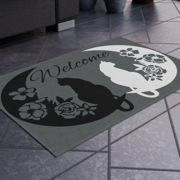 Cat Crescent Moon Welcome Mat • Witchy Outdoor Rug • Entrance Doormat • Cat Lovers Gift • Front Porch Mat • Moon Phases Decor • Wiccan Decor