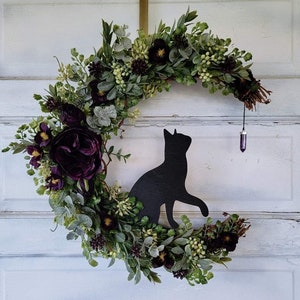 Black Cat Crescent Moon Wreath • Purple Flowers & Amethyst Crystal • Witchy Celestial Door Hanger • Halloween Lunar Decor • Kitty Lover Gift