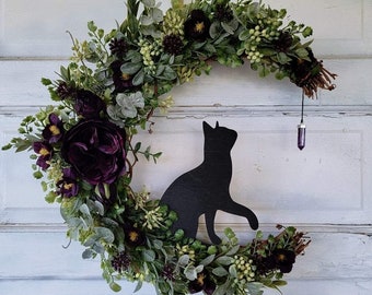 Black Cat Crescent Moon Wreath • Purple Flowers & Amethyst Crystal • Witchy Celestial Door Hanger • Halloween Lunar Decor • Kitty Lover Gift