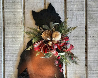 Christmas Cat Wreath w/ Bow Collar & Florals • Seasonal Holiday Front Door Hanger • 18" Long Haired Kitty Winter Wreath • Cat Lovers Gift