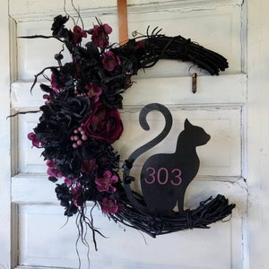 Cat Moon Wreath w/ House Numbers • Witchy Crescent & Crystal 18&#39;&#39; Grapevine • Gothic Celestial Door Hanger • Halloween Decor • Kitty Lovers