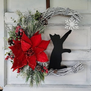 Winter Crescent Moon Black Cat Wreath w/ Poinsettia Witchy Seasonal Door Hanger Snowflake Half Moon Winter Wreath Cat Lovers Gift image 1