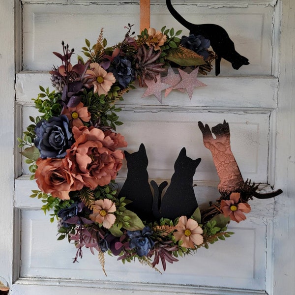 Wildflower Multiple Cats Crescent Moon Wreath • Witchy Celestial Front Door Hanger • Boho Botanical Cottagecore Decor • Cat Lovers Gift
