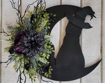 Witchy Black Cat w/ Witch Hat on Crescent Moon • Black & Purple Flowers • Celestial Door Hanger • Halloween Lunar Decor • Kitty Lover's Gift