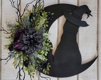Witchy Black Cat w/ Witch Hat on Crescent Moon • Black & Purple Flowers • Celestial Door Hanger • Halloween Lunar Decor • Cat Lovers Gift