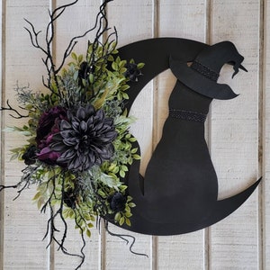 Witchy Black Cat w/ Witch Hat on Crescent Moon • Black & Purple Flowers • Celestial Door Hanger • Halloween Lunar Decor • Cat Lovers Gift