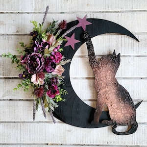LARGE Cat Moon Wreath 20&quot; Botanical Crescent w/ Purple Flowers & Stars • Witchy Celestial Door Hanger • Gothic Lunar Kitty • Cat Lovers Gift